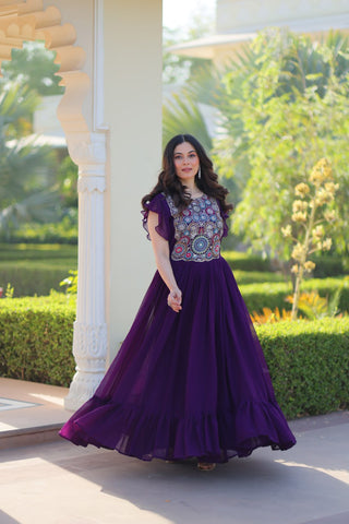 Purple Faux Blooming Embroidered Gown with Beads, Sequins & Bell Sleeves – 7 Meter Flair ClothsVilla