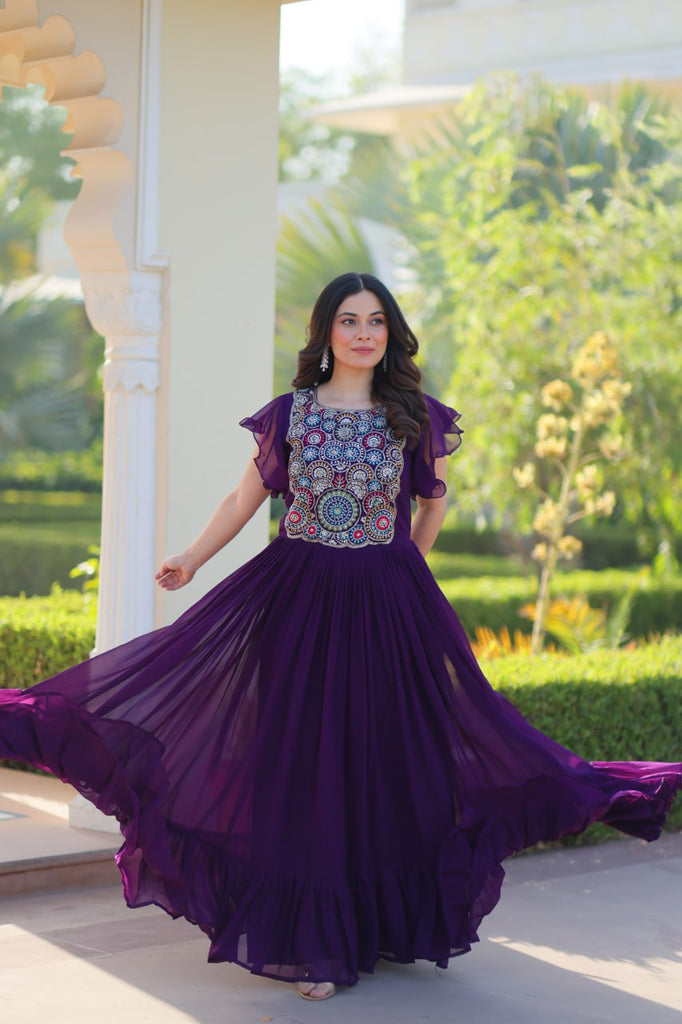 Purple Faux Blooming Embroidered Gown with Beads, Sequins & Bell Sleeves – 7 Meter Flair ClothsVilla