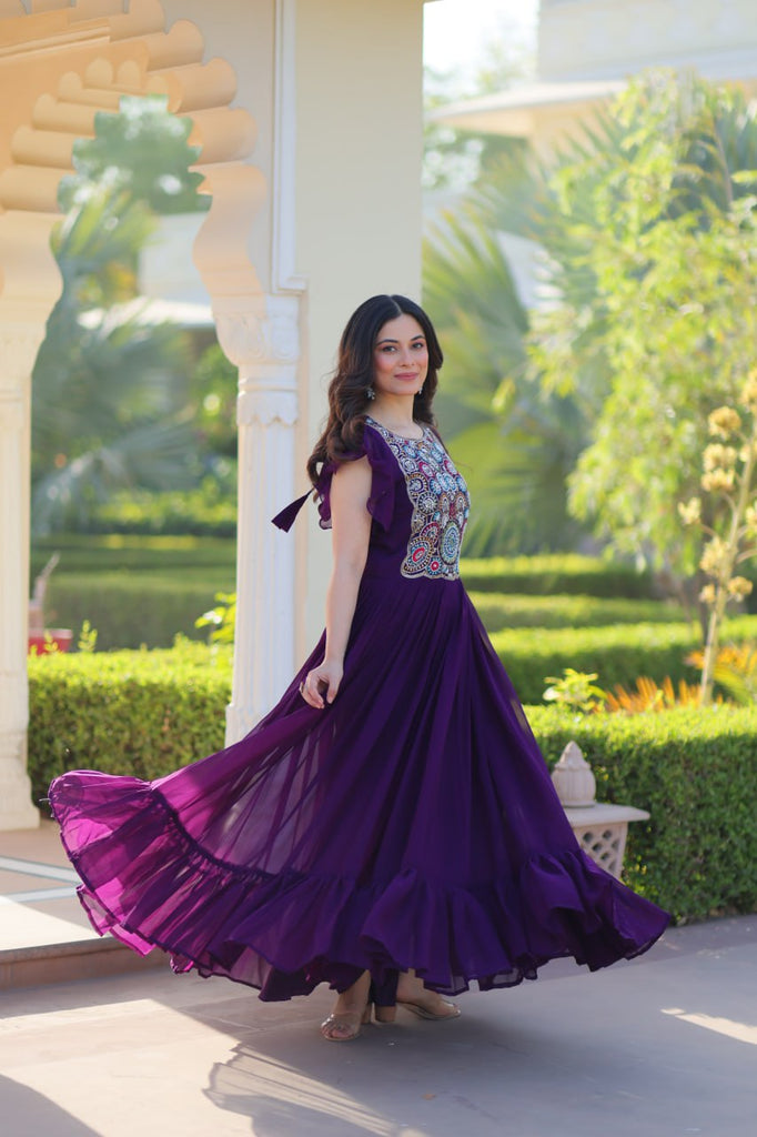 Purple Faux Blooming Embroidered Gown with Beads, Sequins & Bell Sleeves – 7 Meter Flair ClothsVilla