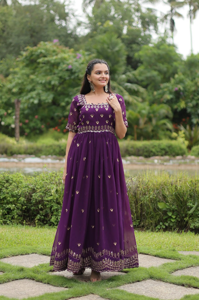 Purple Faux Blooming Fabric Designer Readymade Gown with Zari & Sequins Embroidery ClothsVilla