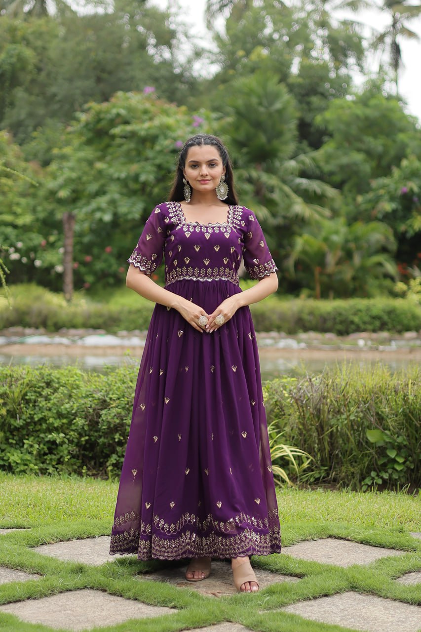 Purple Faux Blooming Fabric Designer Readymade Gown with Zari & Sequins Embroidery ClothsVilla Main image