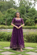 Load image into Gallery viewer, Purple Faux Blooming Fabric Designer Readymade Gown with Zari &amp; Sequins Embroidery ClothsVilla