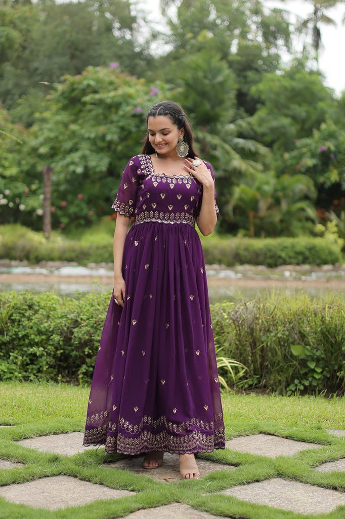 Purple Faux Blooming Fabric Designer Readymade Gown with Zari & Sequins Embroidery ClothsVilla