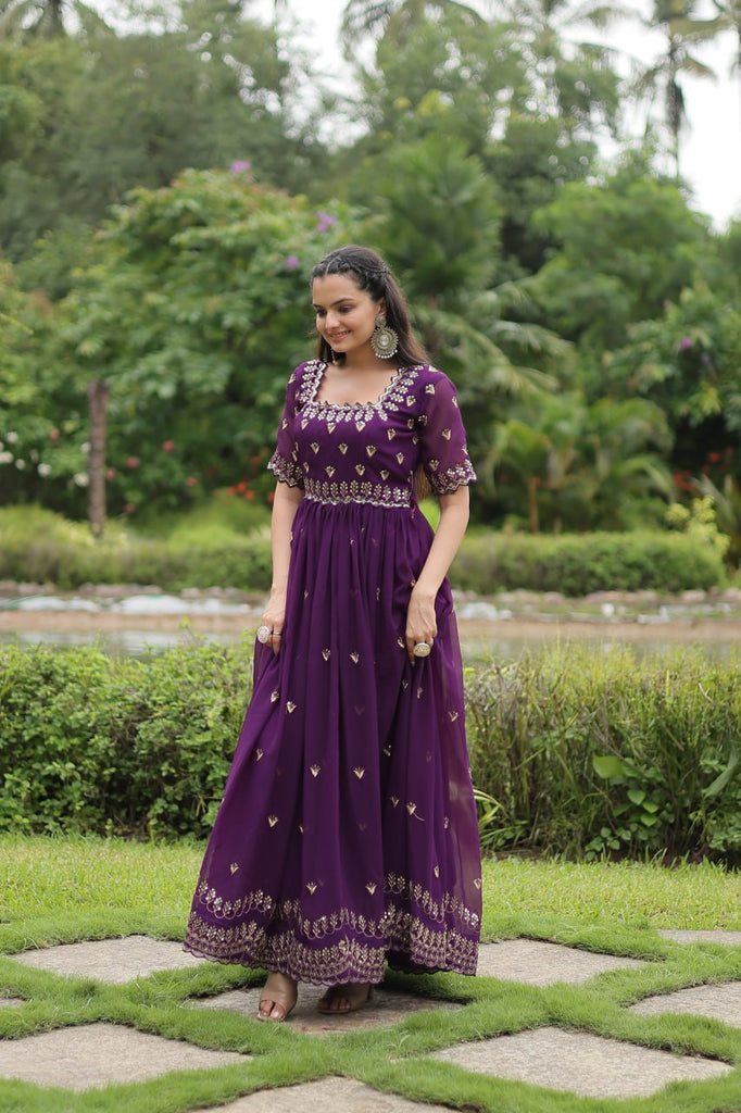 Purple Faux Blooming Fabric Designer Readymade Gown with Zari & Sequins Embroidery ClothsVilla