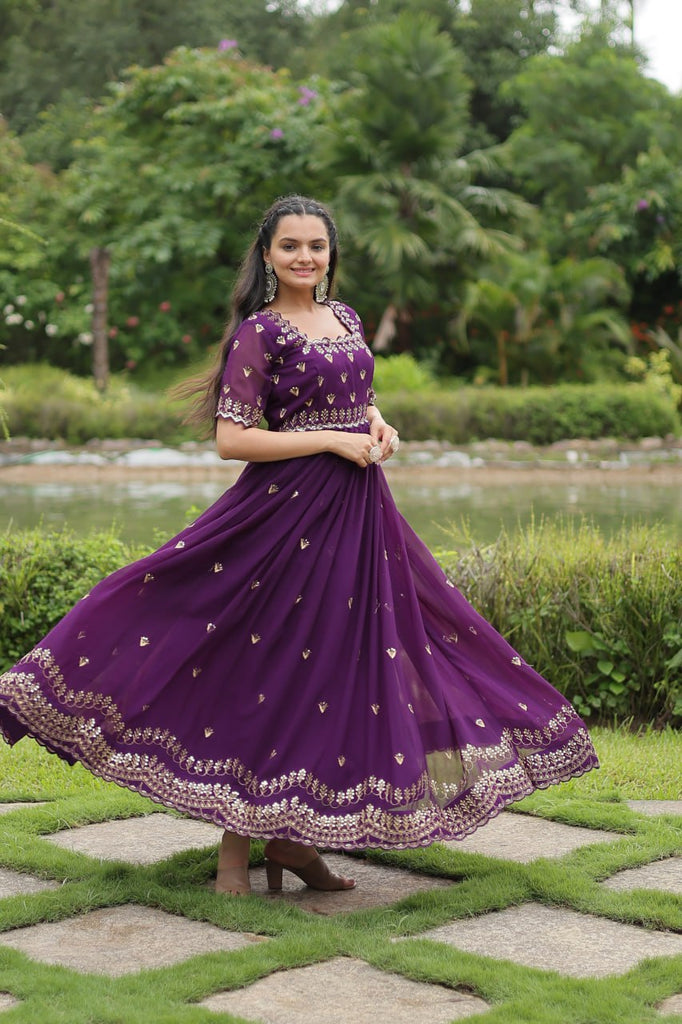 Purple Faux Blooming Fabric Designer Readymade Gown with Zari & Sequins Embroidery ClothsVilla