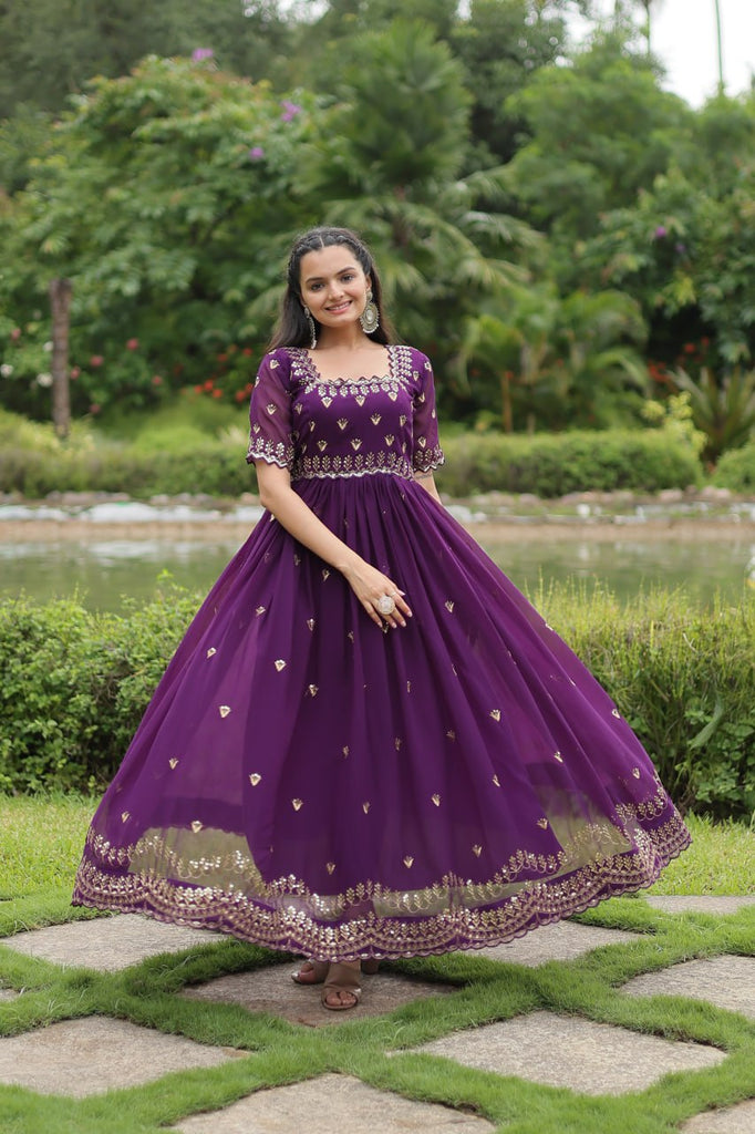 Purple Faux Blooming Fabric Designer Readymade Gown with Zari & Sequins Embroidery ClothsVilla