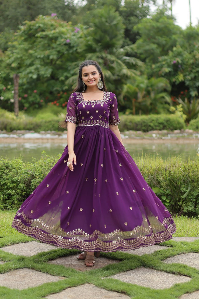 Purple Faux Blooming Fabric Designer Readymade Gown with Zari & Sequins Embroidery ClothsVilla