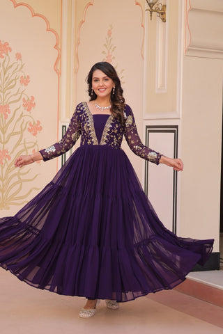 Purple Faux Blooming Fabric Embroidered Gown with 12-Meter Flair & Fancy V-Neck Design ClothsVilla