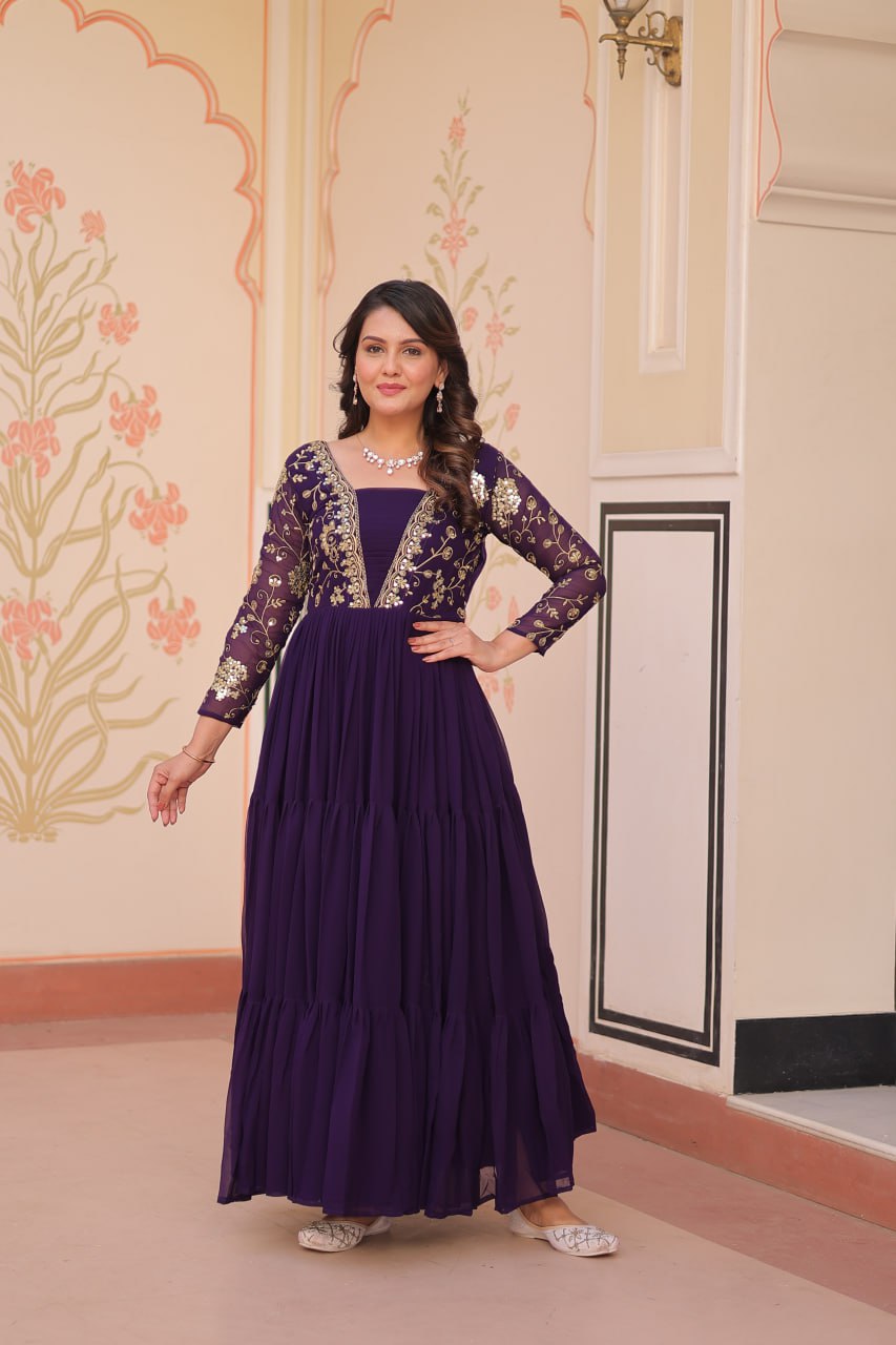 Purple Faux Blooming Fabric Embroidered Gown with 12-Meter Flair & Fancy V-Neck Design ClothsVilla