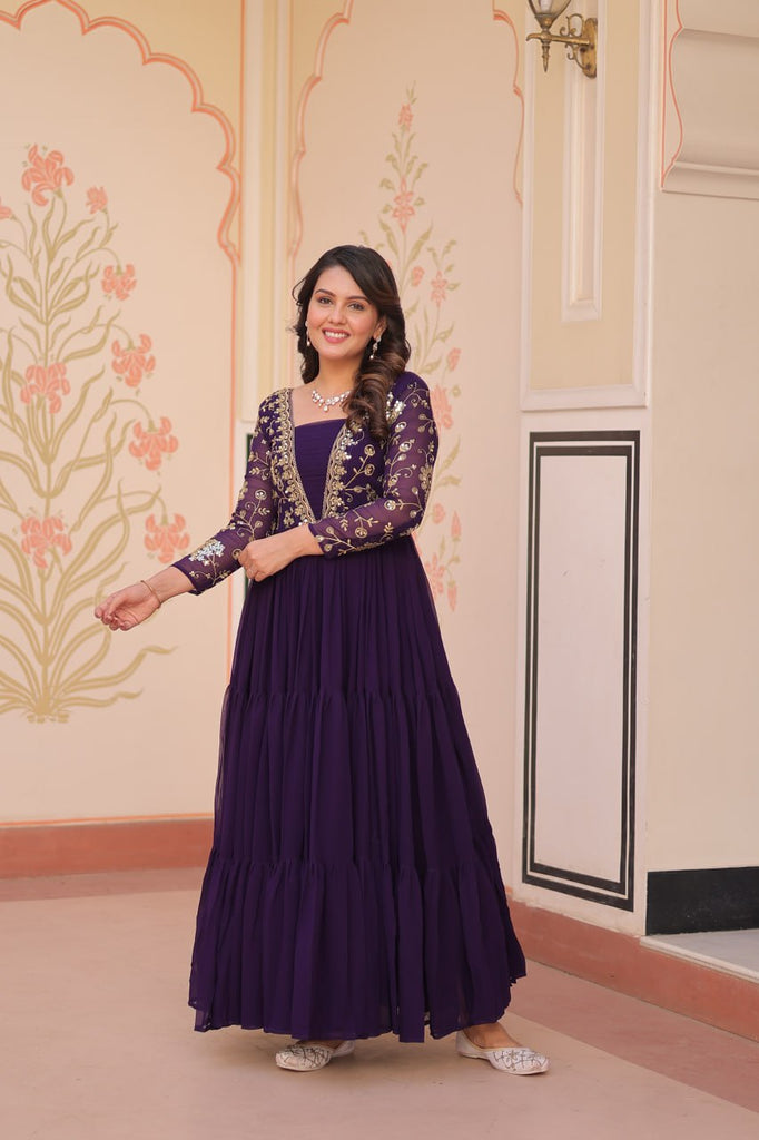 Purple Faux Blooming Fabric Embroidered Gown with 12-Meter Flair & Fancy V-Neck Design ClothsVilla