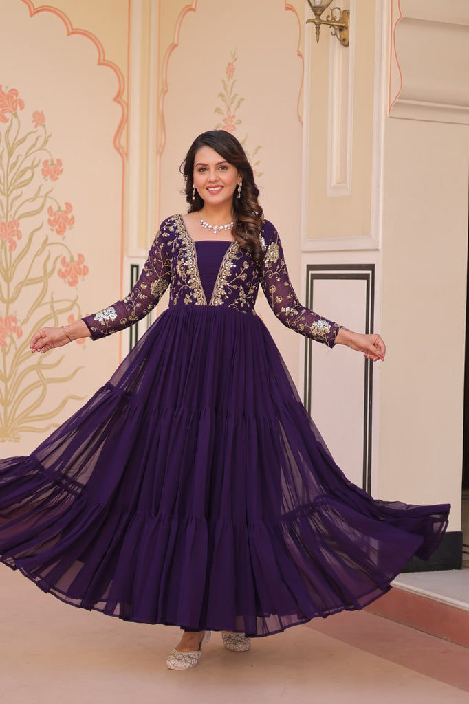 Purple Faux Blooming Fabric Embroidered Gown with 12-Meter Flair & Fancy V-Neck Design ClothsVilla