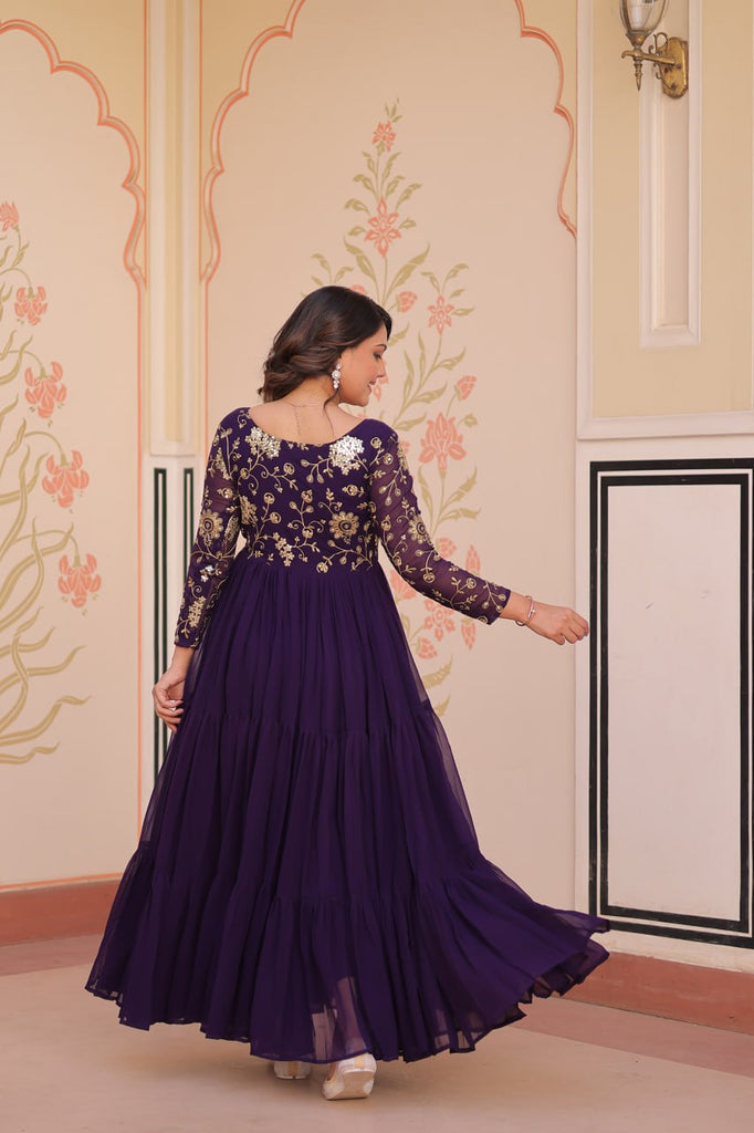 Purple Faux Blooming Fabric Embroidered Gown with 12-Meter Flair & Fancy V-Neck Design ClothsVilla