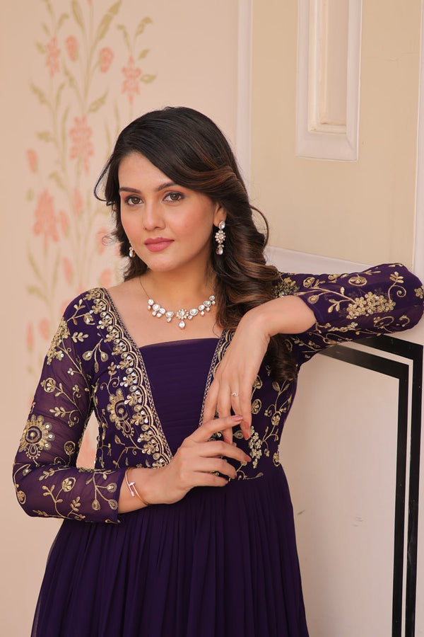 Purple Faux Blooming Fabric Embroidered Gown with 12-Meter Flair & Fancy V-Neck Design ClothsVilla