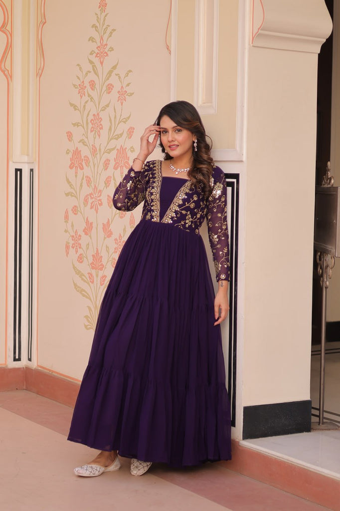 Purple Faux Blooming Fabric Embroidered Gown with 12-Meter Flair & Fancy V-Neck Design ClothsVilla