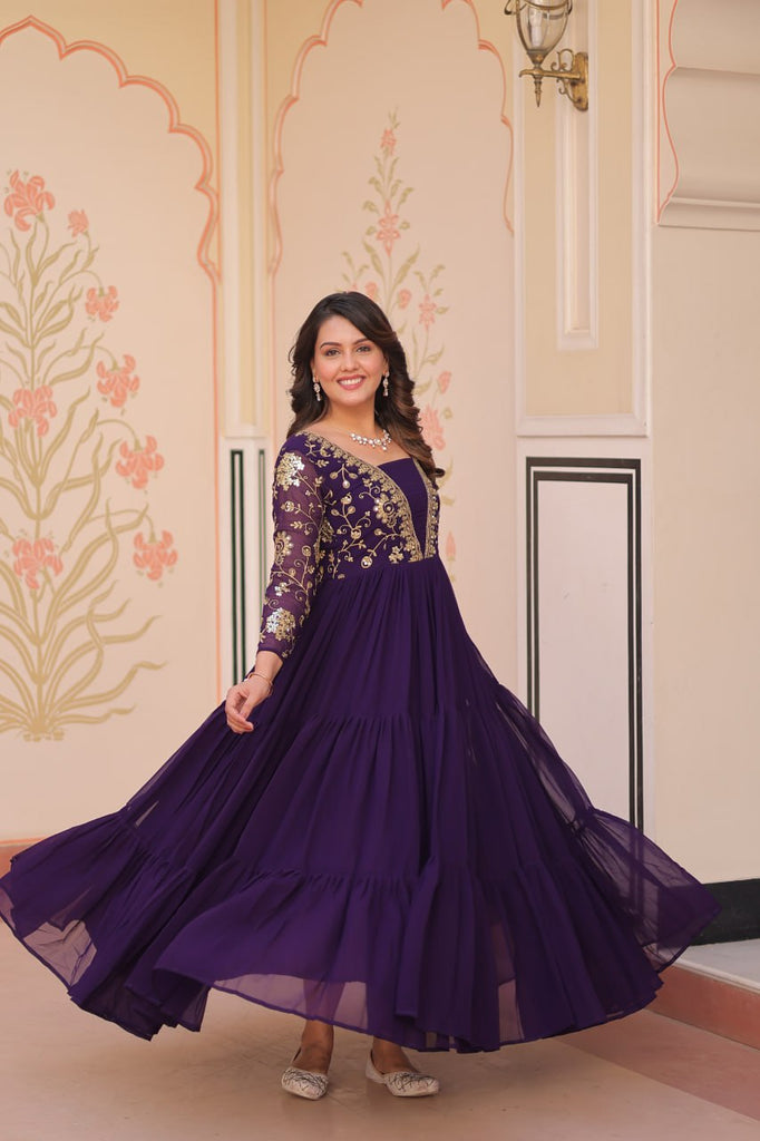 Purple Faux Blooming Fabric Embroidered Gown with 12-Meter Flair & Fancy V-Neck Design ClothsVilla