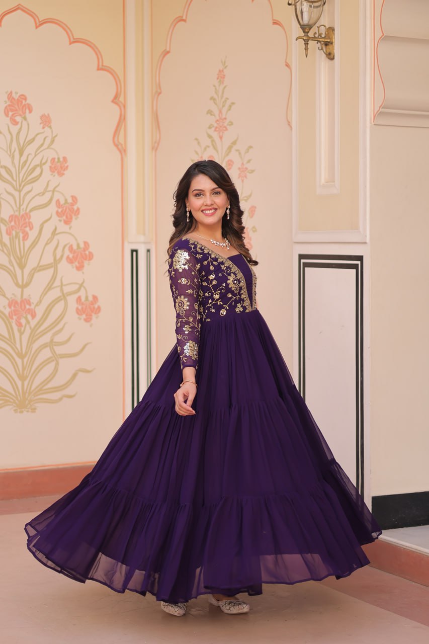 Purple Faux Blooming Fabric Embroidered Gown with 12-Meter Flair & Fancy V-Neck Design ClothsVilla