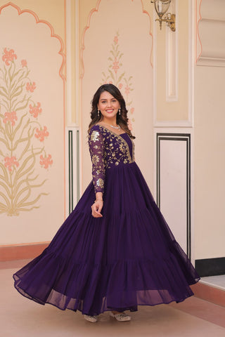 Purple Faux Blooming Fabric Embroidered Gown with 12-Meter Flair & Fancy V-Neck Design ClothsVilla