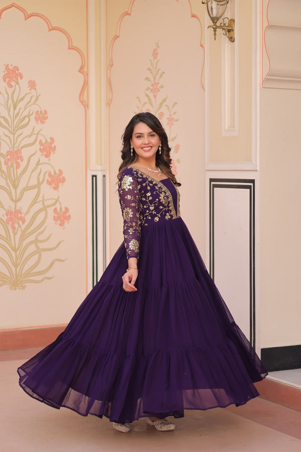 Purple Faux Blooming Fabric Embroidered Gown with 12-Meter Flair & Fancy V-Neck Design ClothsVilla