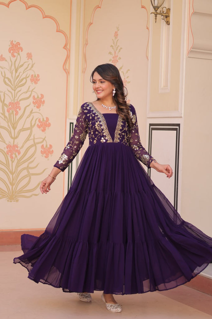Purple Faux Blooming Fabric Embroidered Gown with 12-Meter Flair & Fancy V-Neck Design ClothsVilla