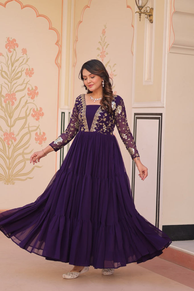 Purple Faux Blooming Fabric Embroidered Gown with 12-Meter Flair & Fancy V-Neck Design ClothsVilla