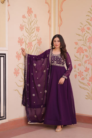 Purple Faux Blooming Gown with Beads Embroidery & Designer Dupatta ClothsVilla