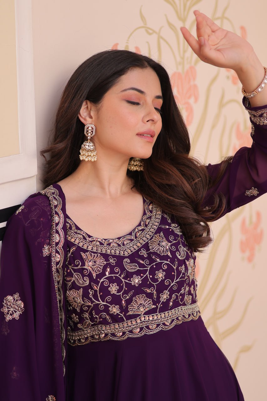 Purple Faux Blooming Gown with Beads Embroidery & Designer Dupatta ClothsVilla