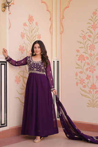 Purple Faux Blooming Gown with Beads Embroidery & Designer Dupatta ClothsVilla