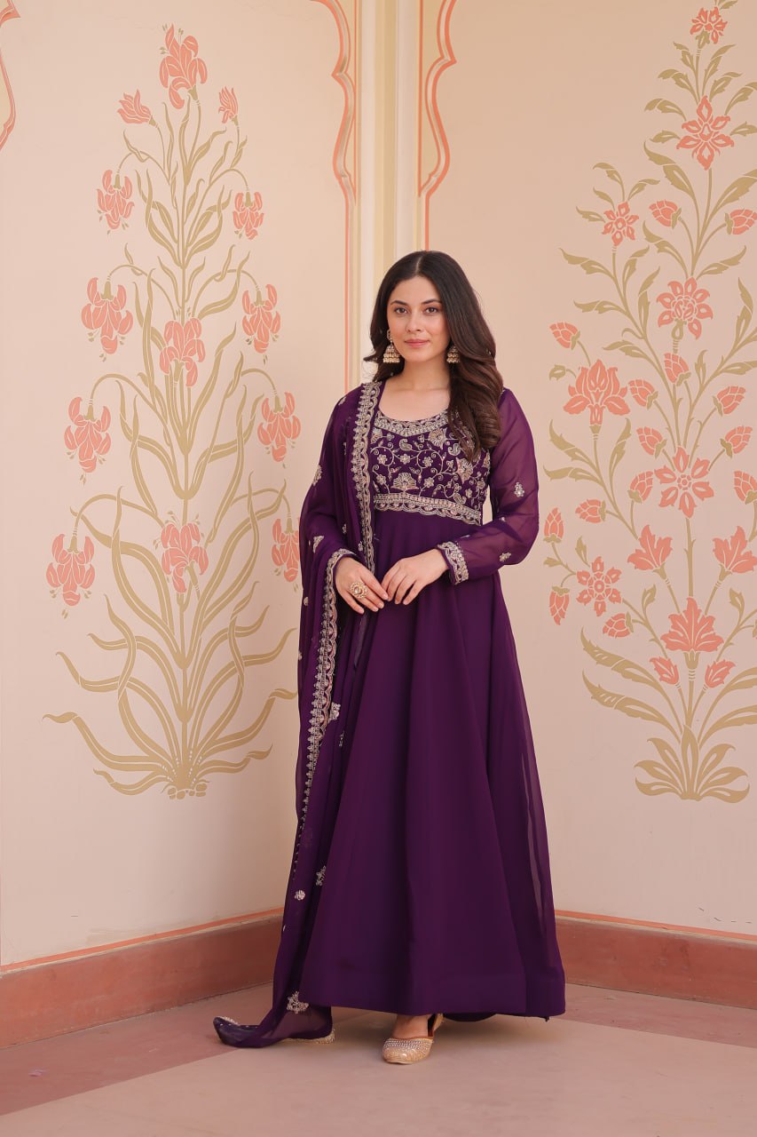 Purple Faux Blooming Gown with Beads Embroidery & Designer Dupatta ClothsVilla