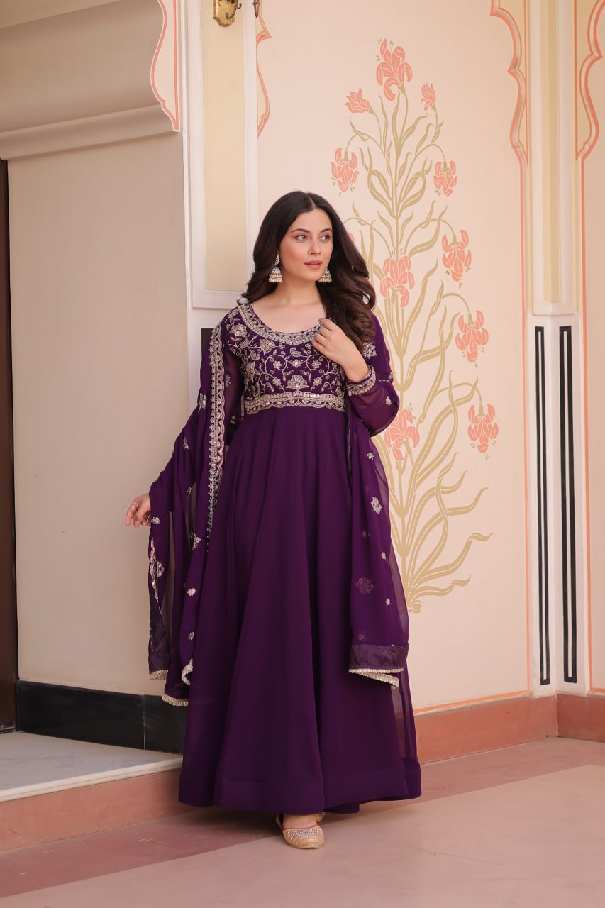 Purple Faux Blooming Gown with Beads Embroidery & Designer Dupatta ClothsVilla