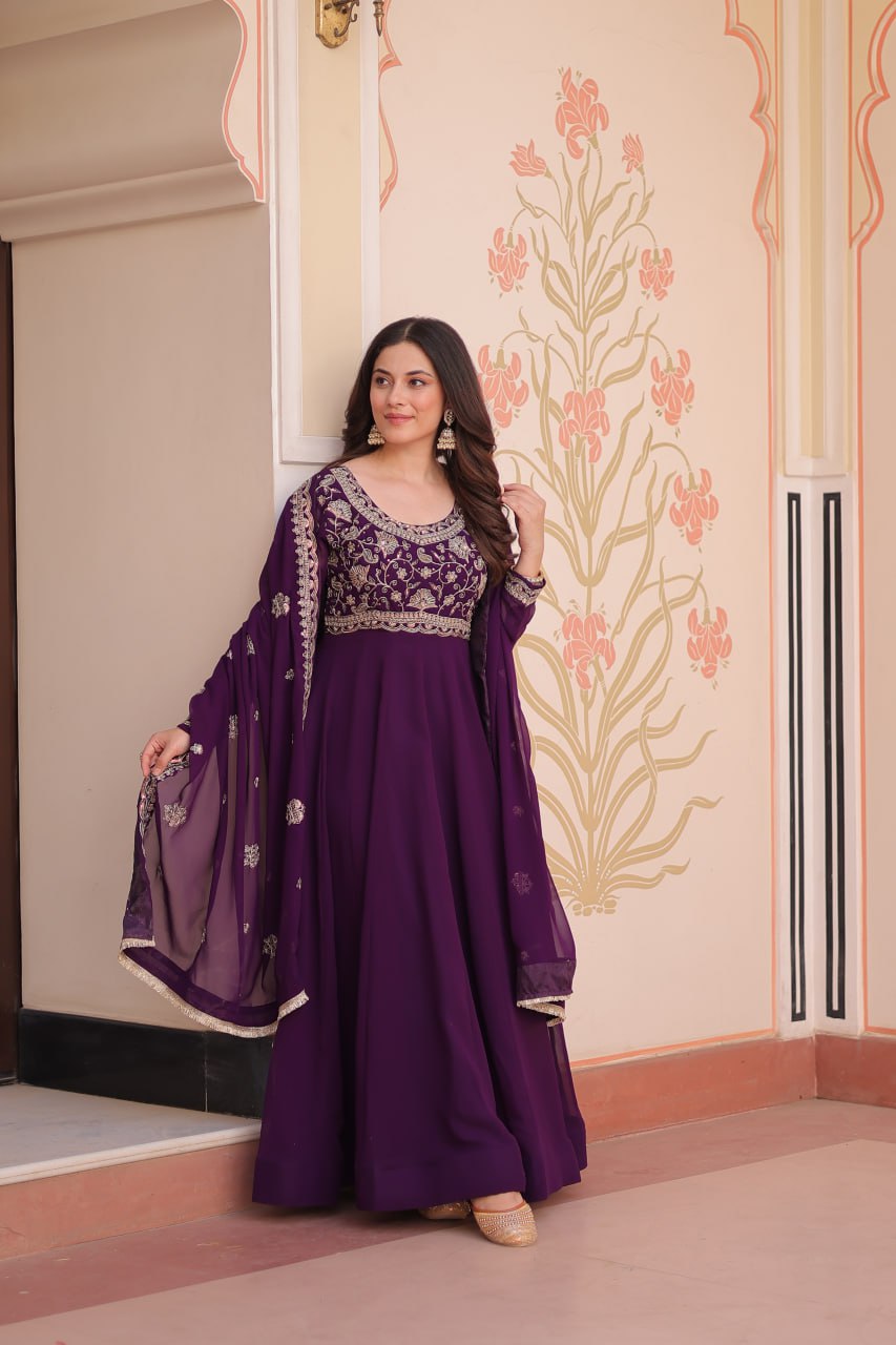 Purple Faux Blooming Gown with Beads Embroidery & Designer Dupatta ClothsVilla
