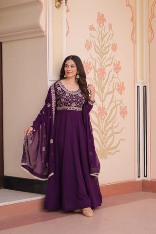 Purple Faux Blooming Gown with Beads Embroidery & Designer Dupatta ClothsVilla