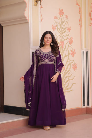 Purple Faux Blooming Gown with Beads Embroidery & Designer Dupatta ClothsVilla
