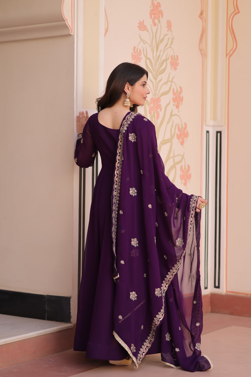 Purple Faux Blooming Gown with Beads Embroidery & Designer Dupatta ClothsVilla