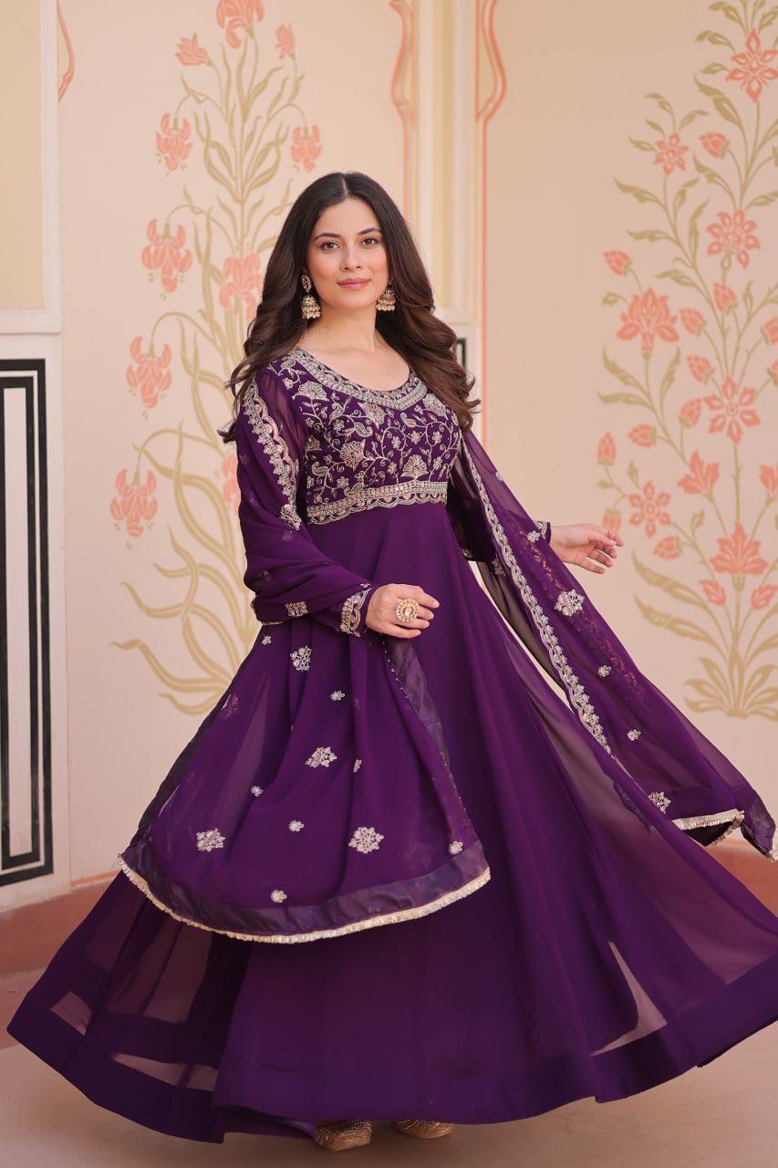 Purple Faux Blooming Gown with Beads Embroidery & Designer Dupatta ClothsVilla
