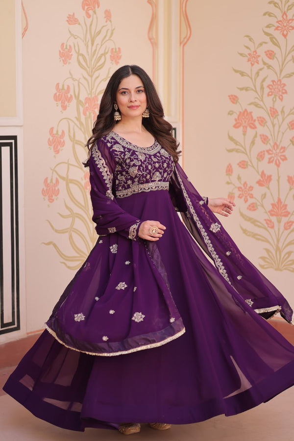 Purple Faux Blooming Gown with Beads Embroidery & Designer Dupatta ClothsVilla