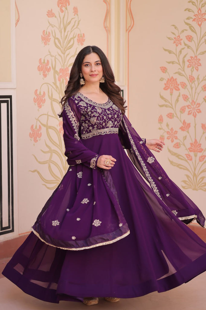 Purple Faux Blooming Gown with Beads Embroidery & Designer Dupatta ClothsVilla