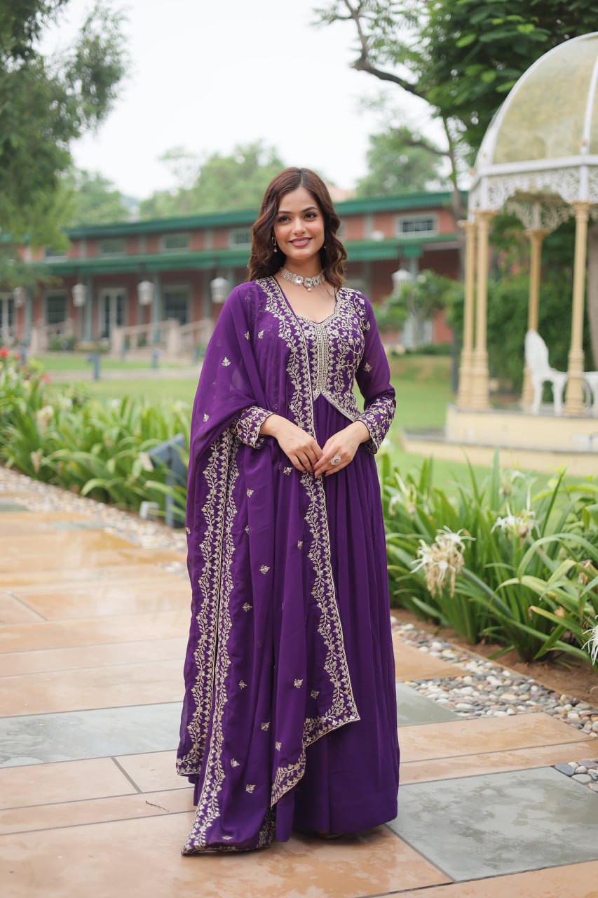 Purple Faux Blooming Gown With Sequins-Multi Embroidery ClothsVilla Main image