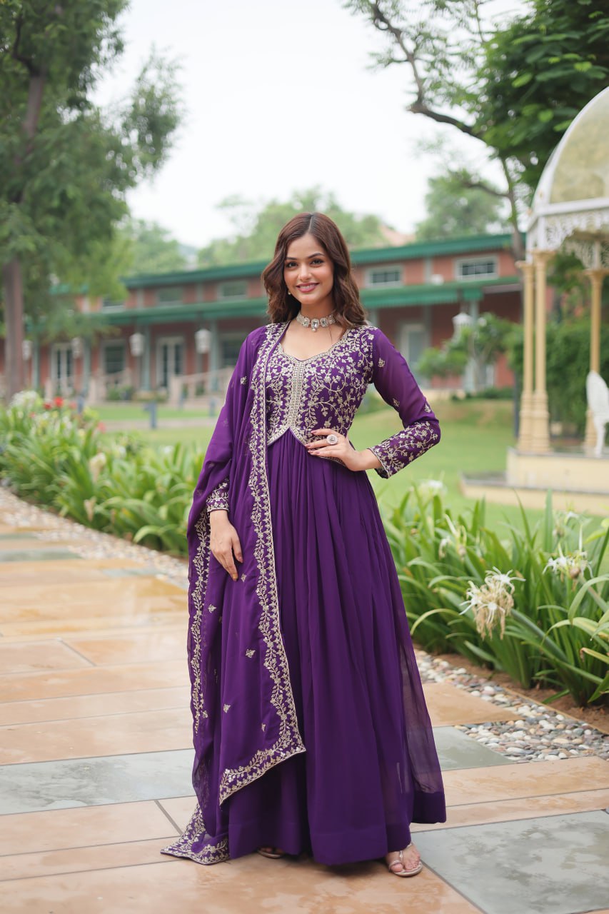 Purple Faux Blooming Gown With Sequins-Multi Embroidery Secondary image