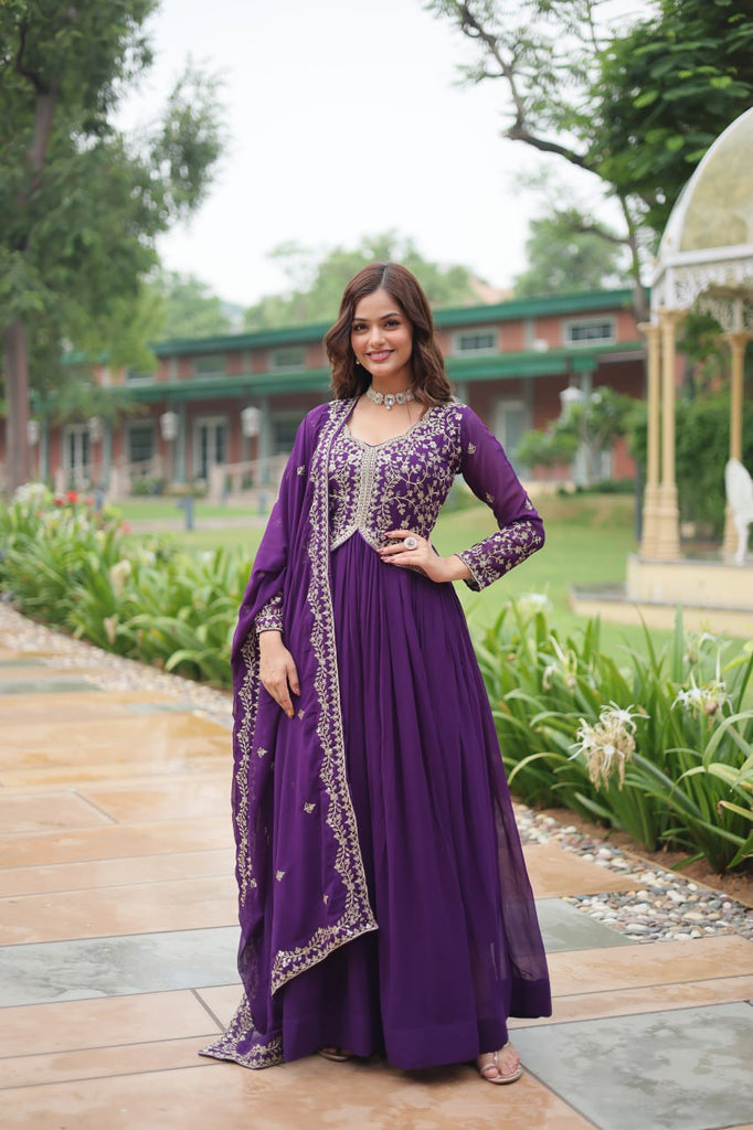 Purple Faux Blooming Gown With Sequins-Multi Embroidery ClothsVilla