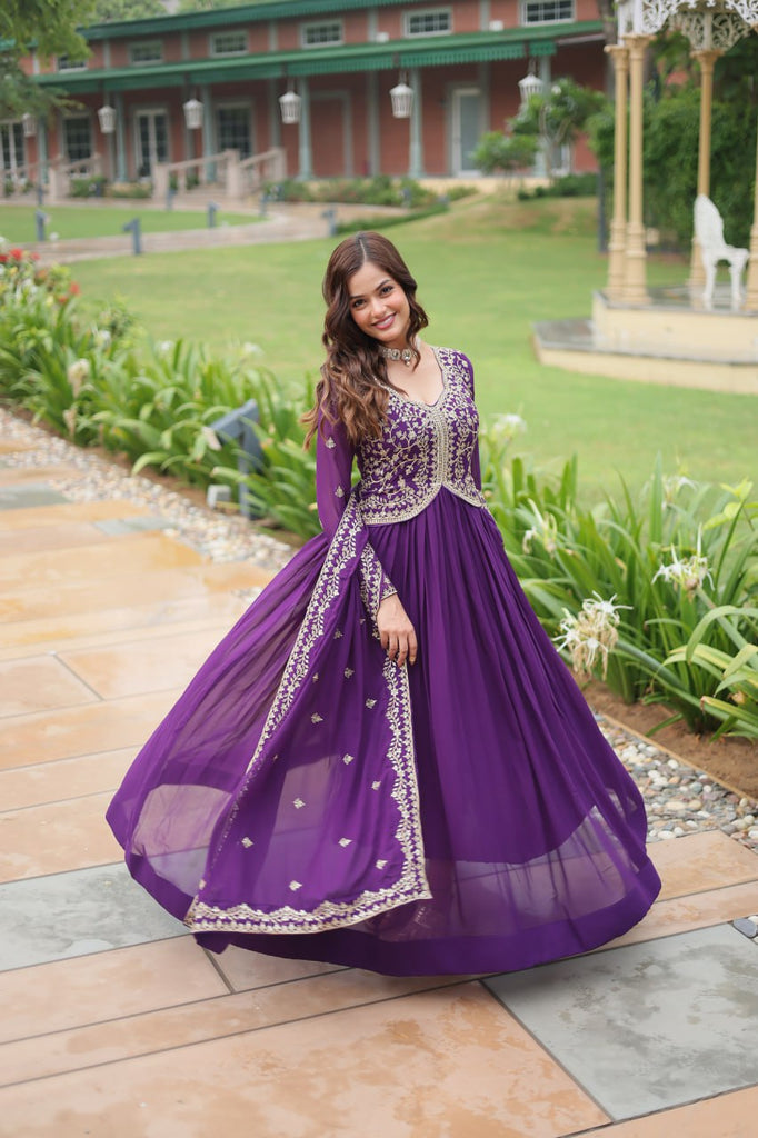 Purple Faux Blooming Gown With Sequins-Multi Embroidery ClothsVilla