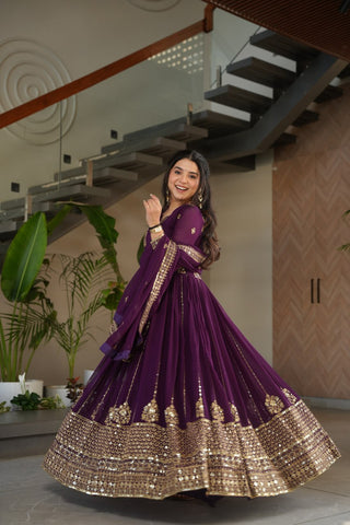 Purple Faux Blooming Luxury Designer Gown Set with Zari & Sequins Embroidery Dupatta Included ClothsVilla