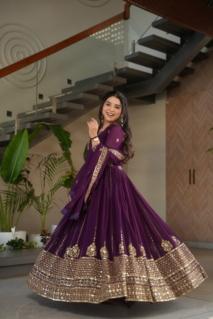 Purple Faux Blooming Luxury Designer Gown Set with Zari & Sequins Embroidery Dupatta Included ClothsVilla