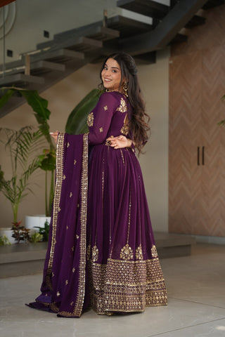 Purple Faux Blooming Luxury Designer Gown Set with Zari & Sequins Embroidery Dupatta Included ClothsVilla