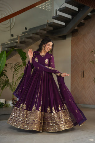 Purple Faux Blooming Luxury Designer Gown Set with Zari & Sequins Embroidery Dupatta Included ClothsVilla
