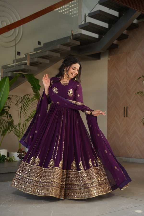 Purple Faux Blooming Luxury Designer Gown Set with Zari & Sequins Embroidery Dupatta Included ClothsVilla