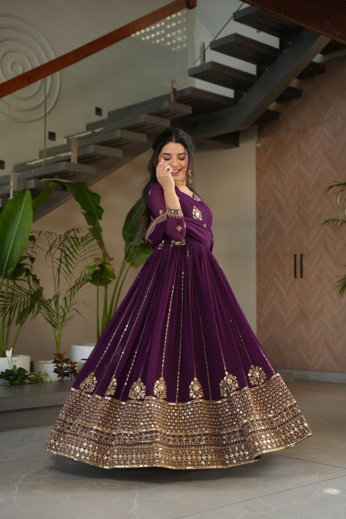 Purple Faux Blooming Luxury Designer Gown Set with Zari & Sequins Embroidery Dupatta Included ClothsVilla