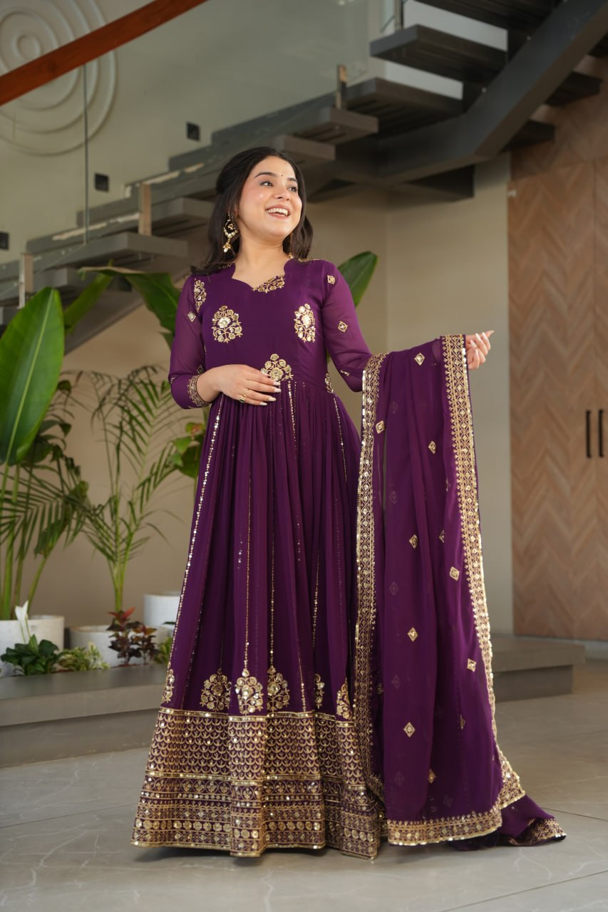 Purple Faux Blooming Luxury Designer Gown Set with Zari & Sequins Embroidery Dupatta Included ClothsVilla