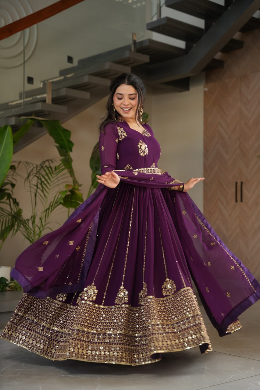 Purple Faux Blooming Luxury Designer Gown Set with Zari & Sequins Embroidery Dupatta Included ClothsVilla