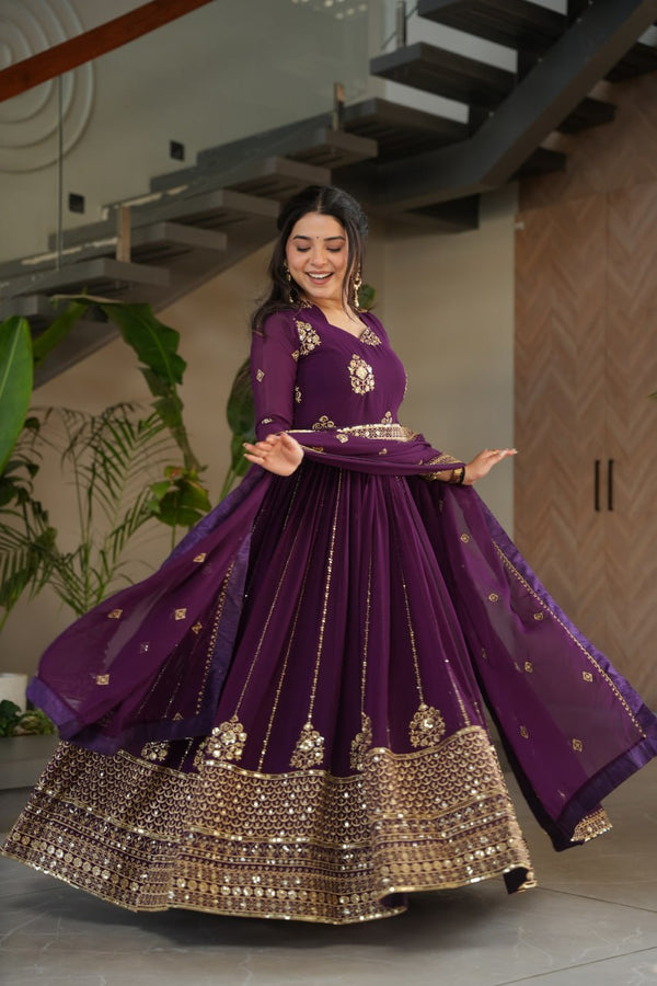 Purple Faux Blooming Luxury Designer Gown Set with Zari & Sequins Embroidery Dupatta Included ClothsVilla