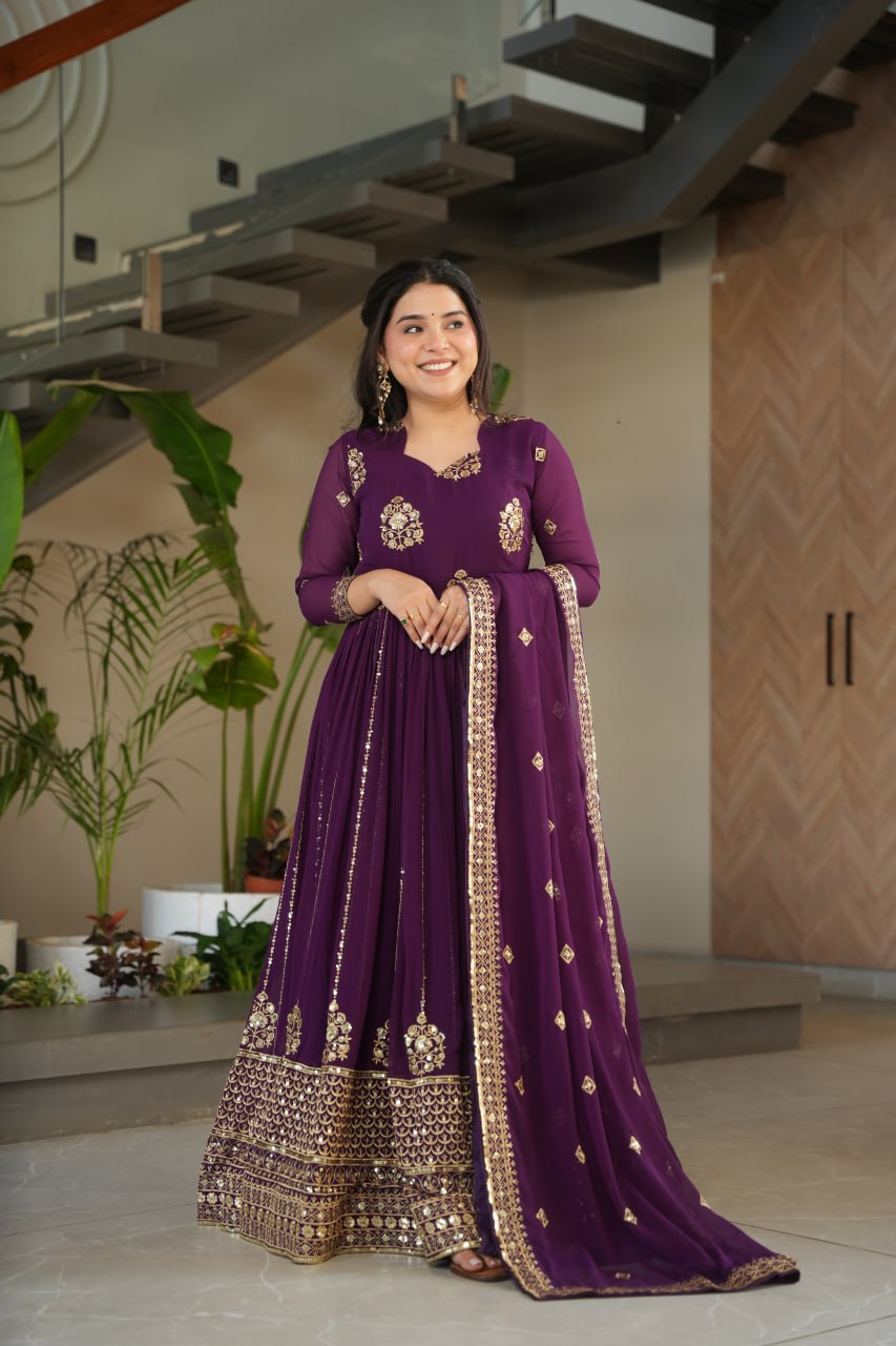 Purple Faux Blooming Luxury Designer Gown Set with Zari & Sequins Embroidery Dupatta Included ClothsVilla